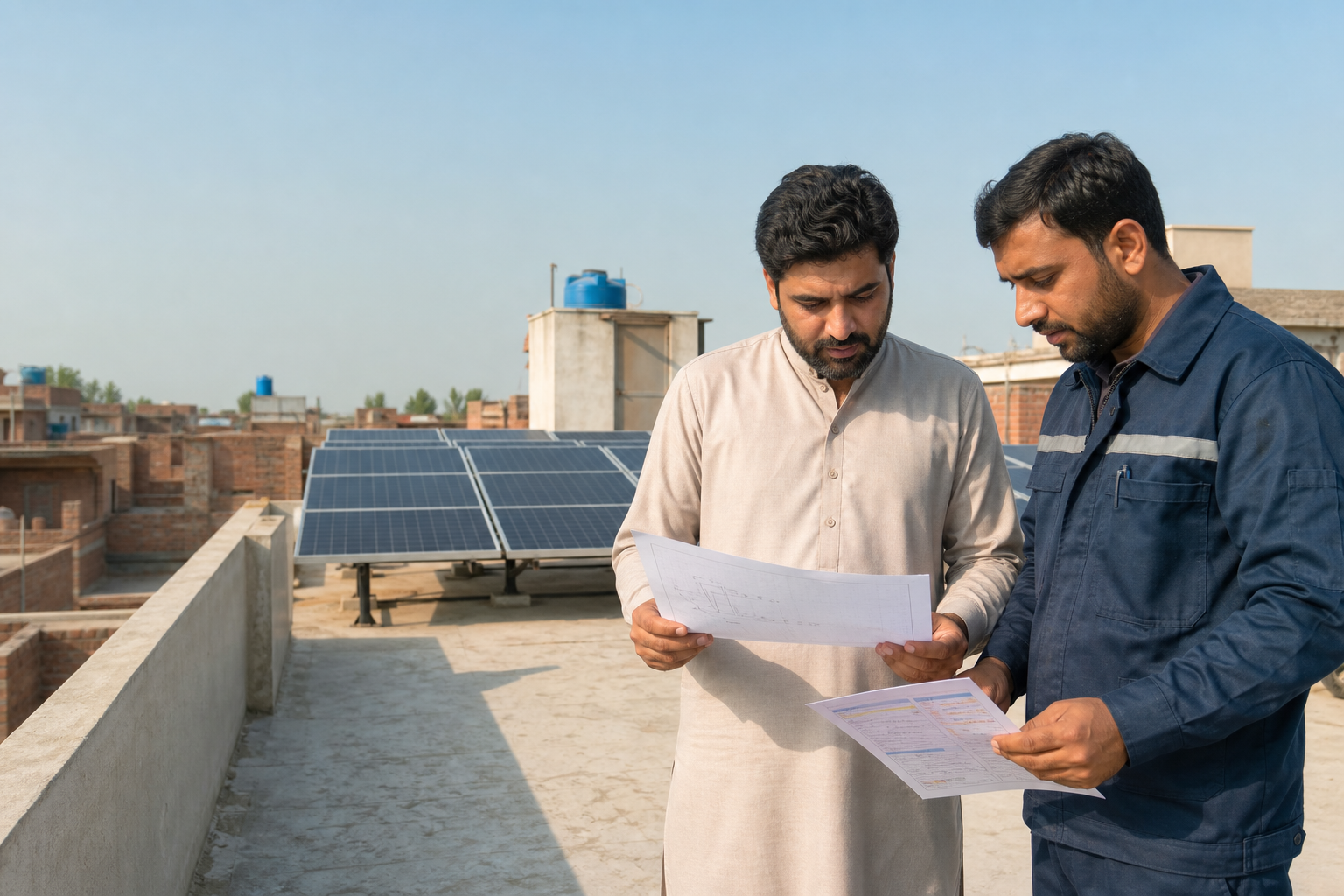 A Pakistani homeowner reviewing a solar plan with a technician on a residential rooftop